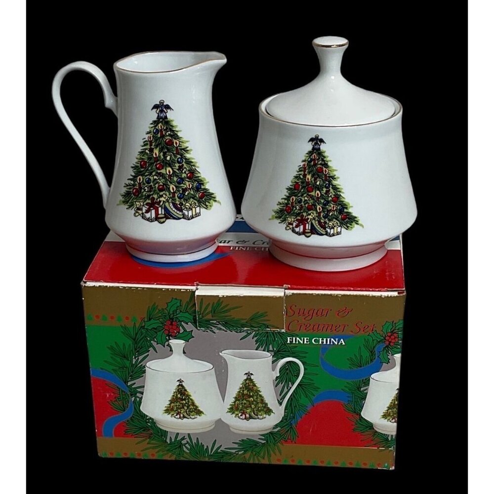 Vintage Set of 2 Fine China Creamer and Sugar Bowl Christmas Tree Design in Box